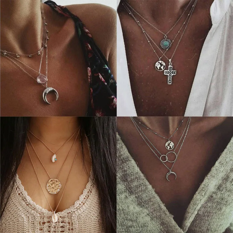 

Bohemian Trendy Gold Multi layer Pendant Necklaces For Women Fashion Geometric Charm Chains Necklace 2019 Choker Jewelry
