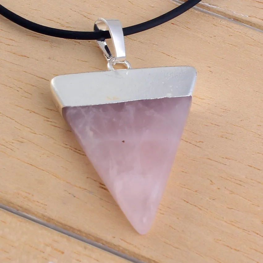 

Trendy-beads Simple Style Silver Plated Natural Rose Pink Quartz Stone Triangle Pendant For Women Jewelry