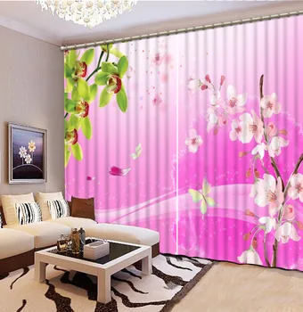 

Home Bedroom Decoration 3D Curtain Pink Flowers, Green Leaves Window Curtains Blackout Curtain Fabric Hook Curtain