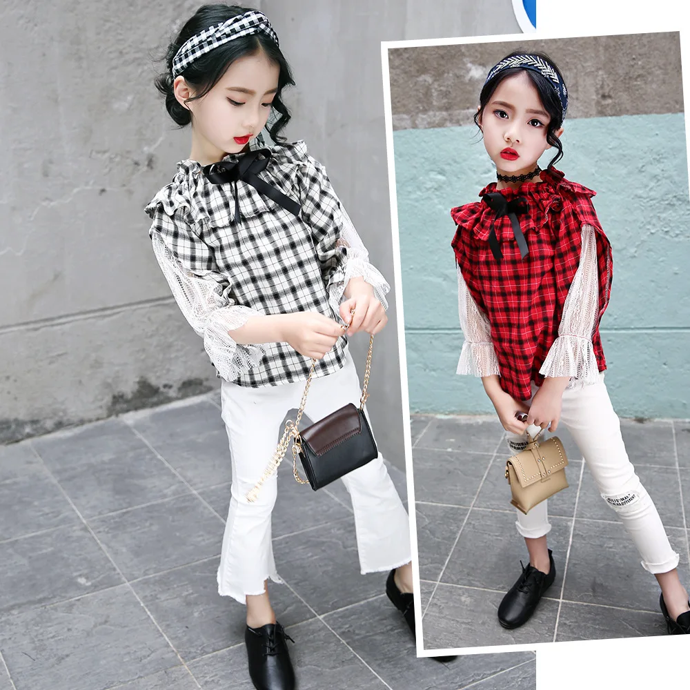 New Off Shoulder Girls School Blouses Cotton Spring Lace Flare Sleeve Plaid Shirt Girls Tee Shirt Enfant Kids Blouse And Shirts