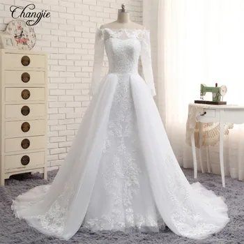 

Robe de mariee New Design Wedding Dresses 2018 Boat Neck Long Sleeves Button Back Chapel Train A-Line Wedding Gowns