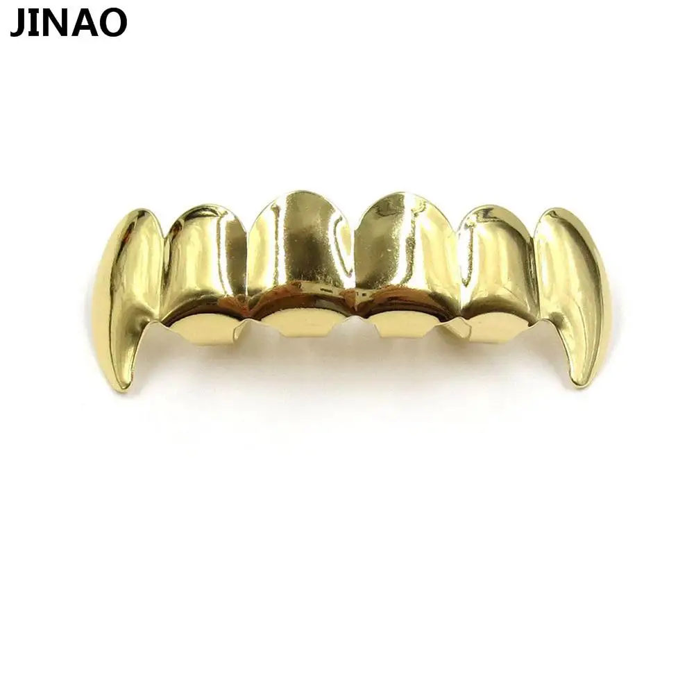 JINAO золото посеребренные хип-хоп ЗУБЫ Grillz верхние и нижние грили набор с силиконовым настоящим блестящим вампирский зуб гриль-наборы - Окраска металла: Gold Top