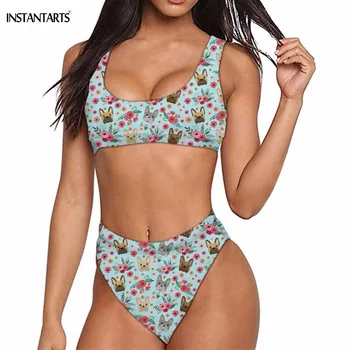 

INSTANTARTS 2019 New Sexy Woman Bikini Set Cute French Bulldog Floral Print Brazilian Female Bathing Swimsuits Push Up Swimwear