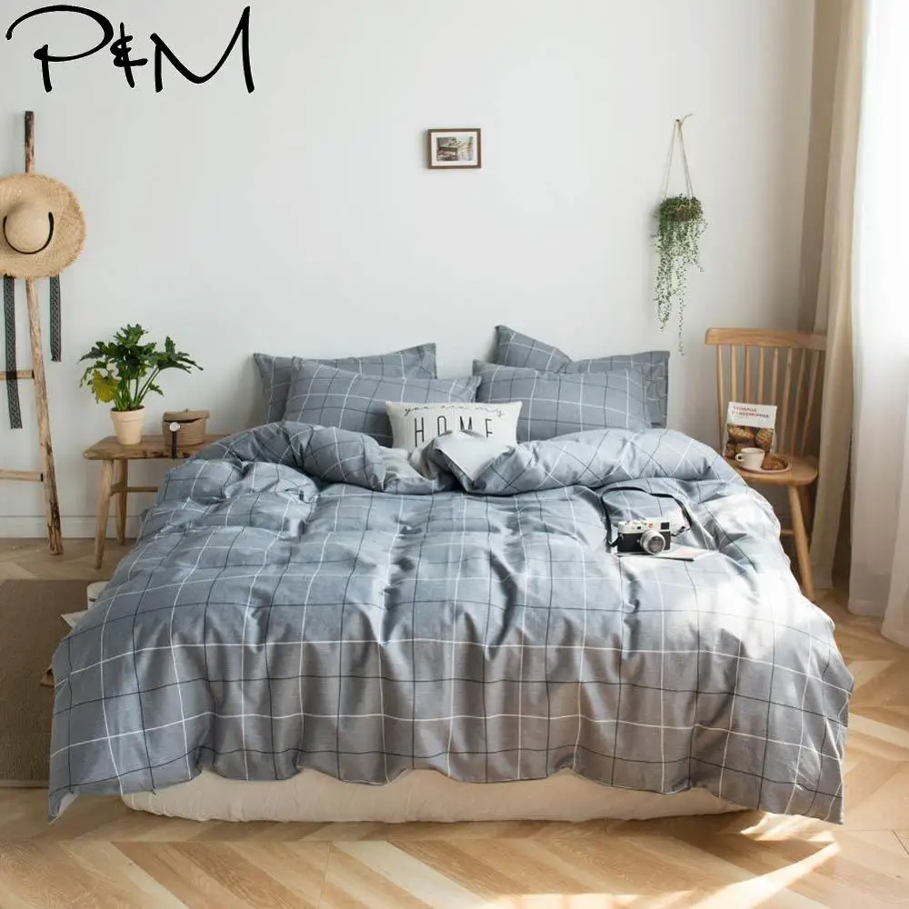 

2019 INS Grey Plaids Lines Simple Duvet Cover Set Flat Fitted Sheet Cotton Bedlinens Hypoallergenic Twin Queen King Bedlinens