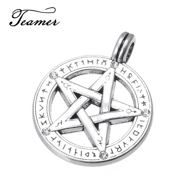 

Teamer Vintage Antique Silver Color Pentagram Star Rune Charms Pendant for Necklace Making Supernatural Pentacle Hebrew Charm