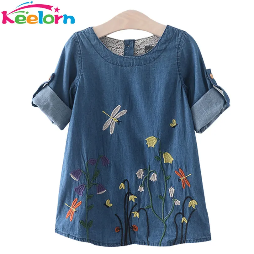 Keelorn Girls Denim Dress Children Clothing Casual Style Girls Clothes Butterfly Embroidery Dress Kids Clothes 2017 Spring