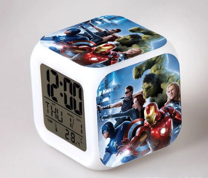 Marvel Мстители изменение цвета светодиодный Будильник фигурка Капитан Америка Железный человек цифровой Куб декор Освещение игрушки