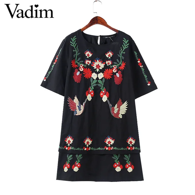Женщины винтаж boho цветок птица вышивка dress этнический стиль с коротким рукавом о шеи вскользь платья vestidos mujer qz2832