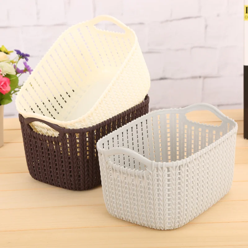 

Plastic Rectangular Storage Basket with Handle Portable Rattan Paper Pen Debris Storage Bucket Home Decoration Gift Cosmetic