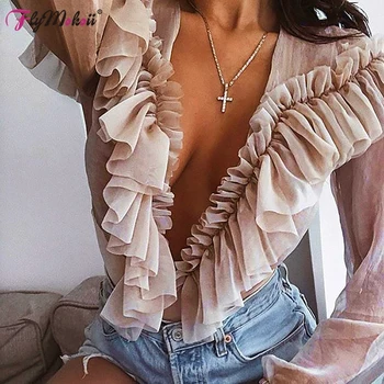 

Flymokoii Transparent Mesh Long Sleeve Bodysuit Women Ruffles Sexy Deep V Neck Bodysuit Black Casual Party Short Jumpsuit Summer