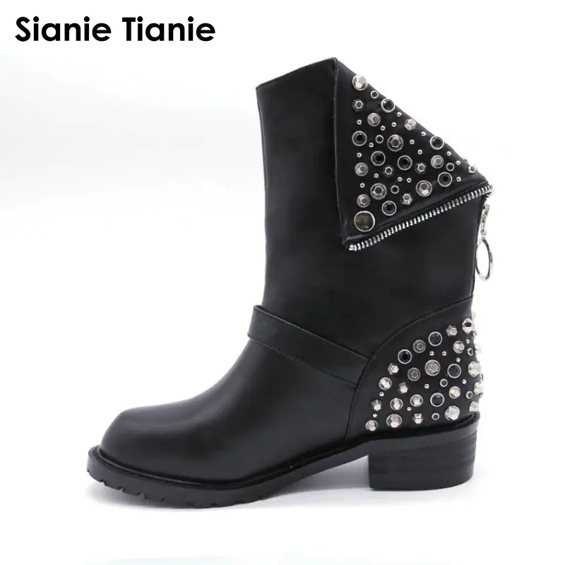 

Sianie Tianie luxury brand genuine leather boots punk winter ankle boots for women woman motorcycle boots with studded rivets