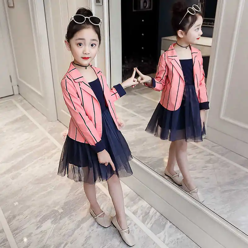 Модный костюм для девочек, юбка, костюм в полоску в Корейском стиле, куртка, платье, комплект из двух предметов, одежда для детей 5-14 лет - Цвет: Pink