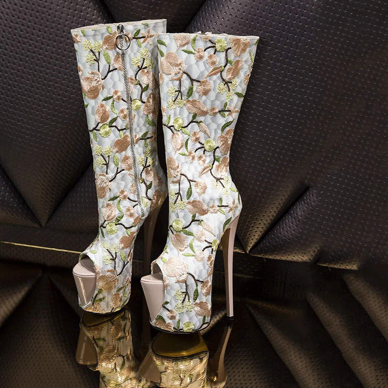 A-BUYBEA, модные весенне-осенние летние сапоги на платформе с открытым носком и вышивкой Женские ботинки до середины икры на молнии на очень высоком каблуке