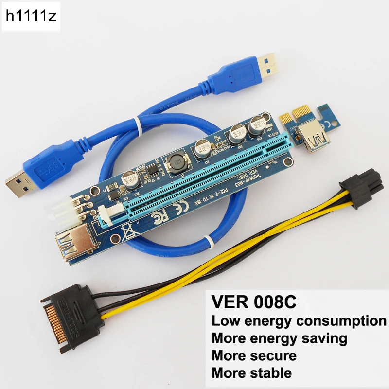 Обновленное издание VER008C Райзер PCI-E 1x к 16x Riser Card светодиодный USB 3,0 PCI-E 6pin Мощность для BTC Asic Bitcoin Шахтер Antminer добыча