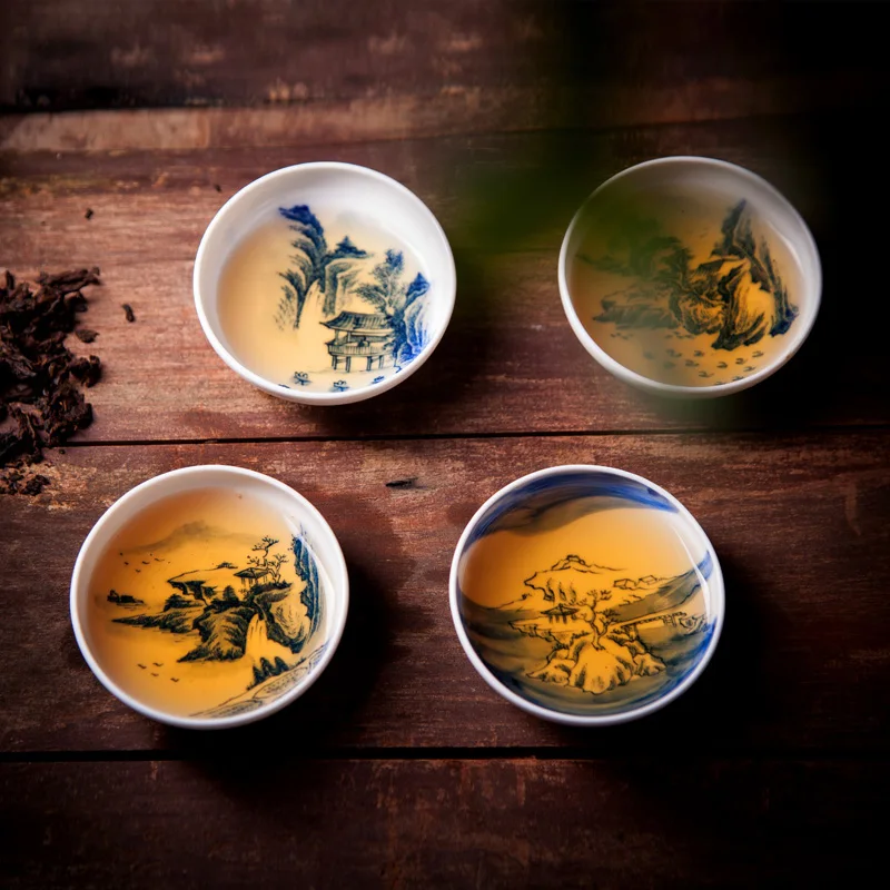 4PCS Ceramic Cup Sets Kung Fu Tea Cup Jingdezhen Blue and ...