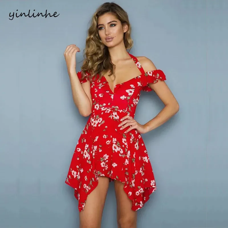 yinlinhe Red Lace Up Halter Playsuit Women Off Shoulder Summer Playsuit Short Sleeve Backless Asymmetry Sexy short jumpsuit 2