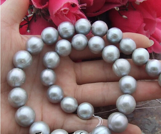 

huij 00642 12mm-14mm Gray Round Keshi Freshwater Cultured Pearl Loose Beads Strand 15.5