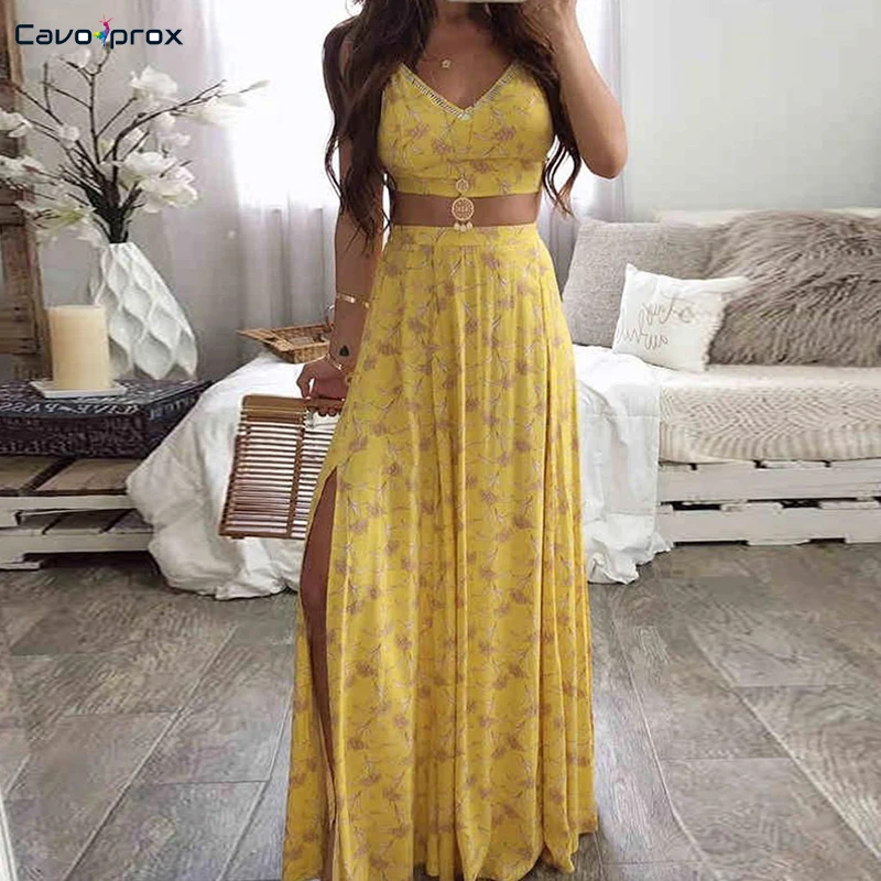 

Women Floral Print Cami Top & Thigh Slit Skirt Sets Sleeveless Sexy Backless V-Neck Short Top Ankle-Length Skirts