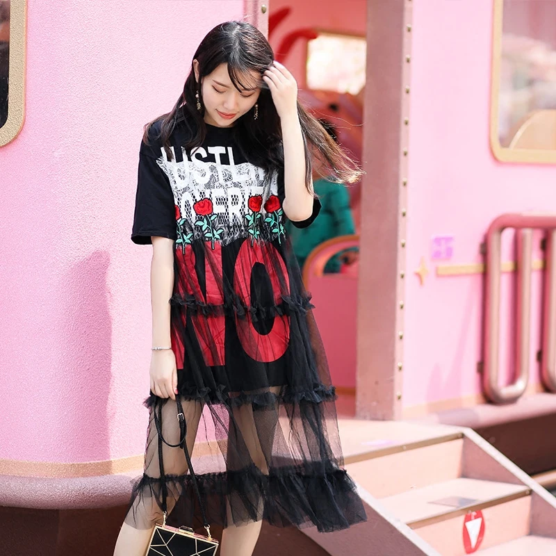 

MUMUZI 2019 Fashion Brand Summer Letter Print Dress Tee Long Mesh Patchwork Dresses Loose White Dress Women