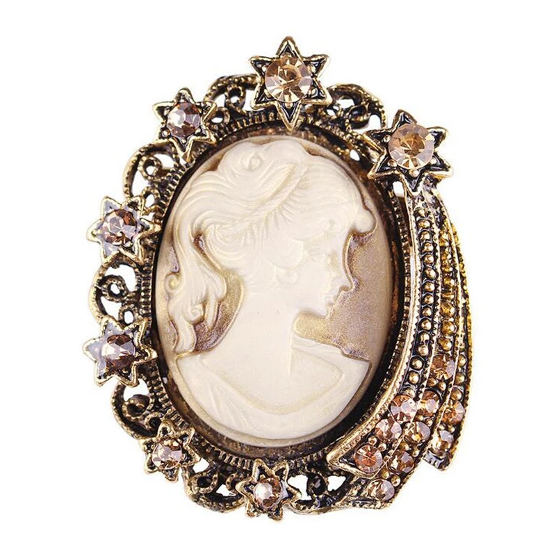 Vintage Crystal Rhinestone Cameo Brooch Victorian Lady Brooch Pin