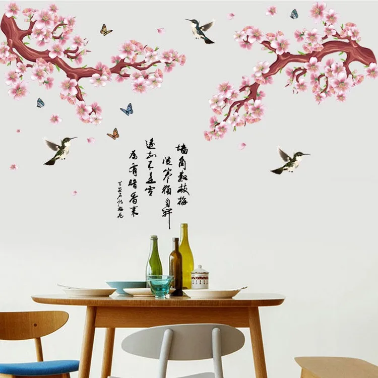 Китайская каллиграфия, персиковые цветы, дерево, Летающие птицы, Бабочка, наклейка на стену, для гостиной, офиса, восточные обои, плакат, настенное искусство