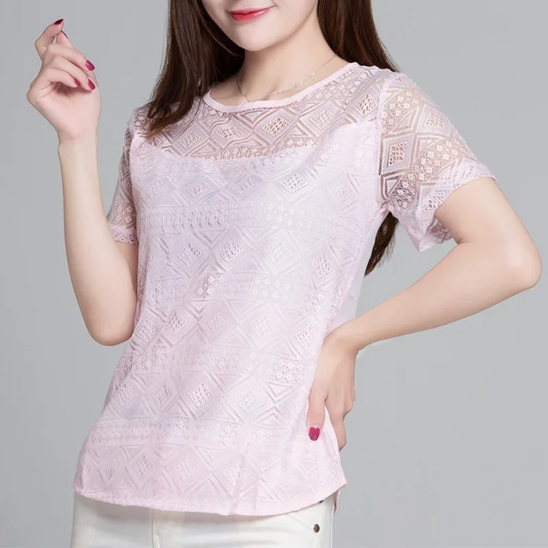 Новая женская одежда шифоновая кружевная блузка-кроше женские корейские рубашки женские блузы Топы Рубашки белые блузки облегающие Топы - Цвет: Розовый