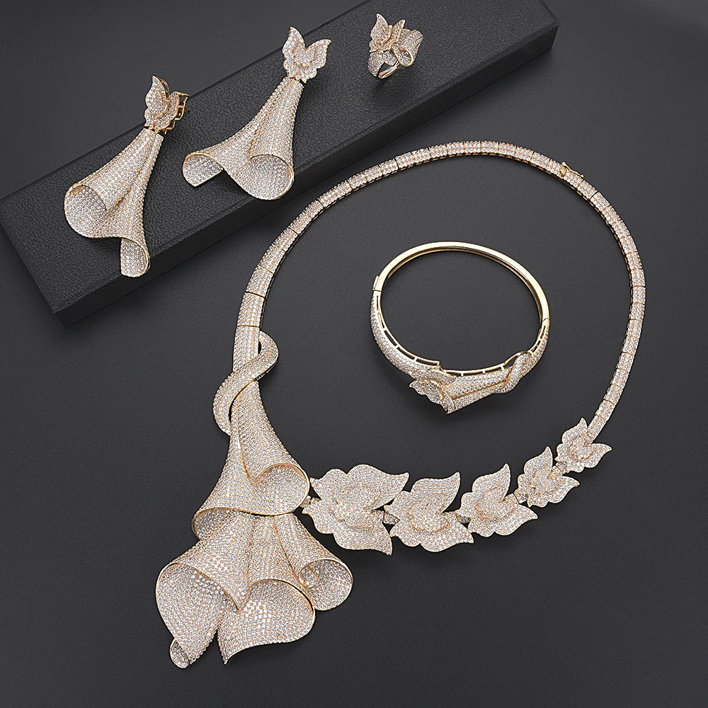 

Luxury Dubai Wedding Jewelry Sets Cubic Zirconia Nigeria Jewelry Sets For Women Necklace Earrings Bracelet Rings Jewelry Set
