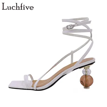 

Sexy Strange Heels Summer Sandals Open Toe Slim Belts White Shoes Woman Buckles Strap Fashion Retro Ladies Shoes