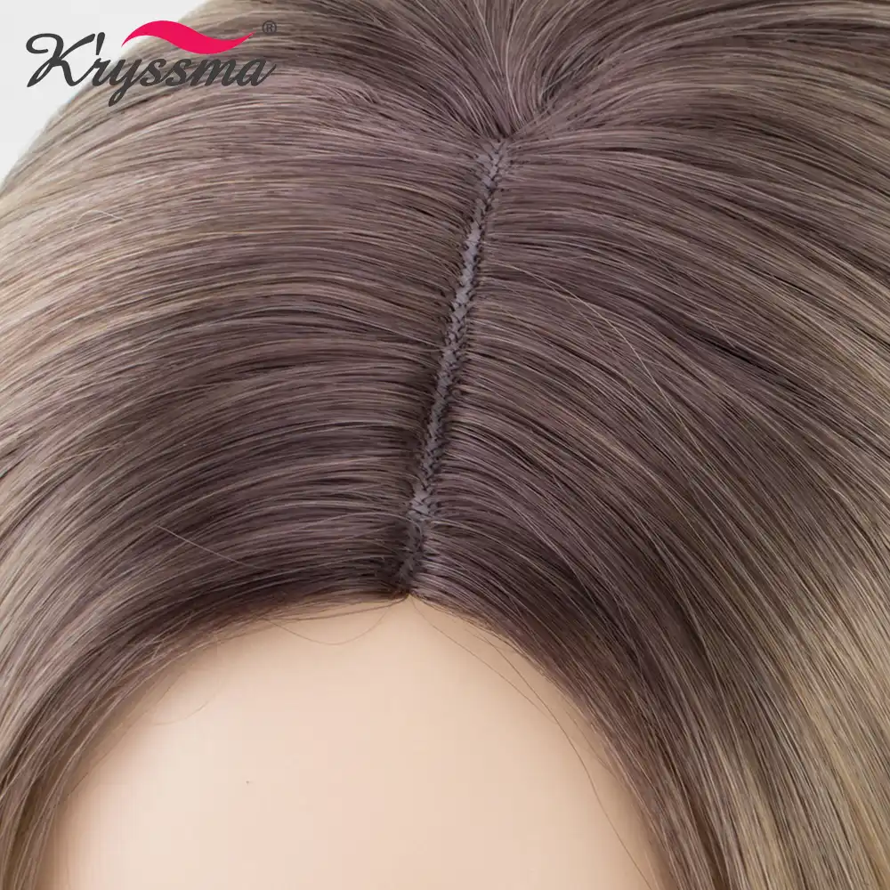 Short Blonde Bob Wig Ombre Wig With Brown Roots Straight Synthetic