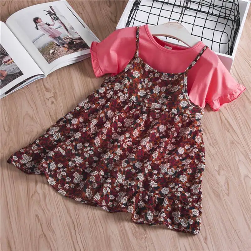 Princess dress Kids Baby Girls clothes set Summer short-sleeved T-shirt + floral halter dress Two piece children's suit (23)