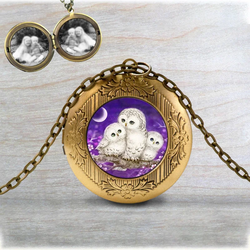 Retro Cute Owl Locket Photo Glass Cabochon Crystal Pendant Necklace Birthday Festival Anniversary Gift Jewelry Accessories | Украшения и