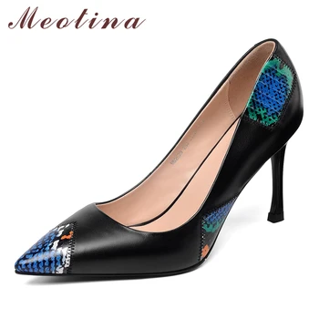 

Meotina High Heels Women Pumps Natural Genuine Leather Thin High Heel Shoes Real Leather Mixed Colors Party Shoes Purple Size 39