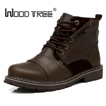 

woodtree Quality Genuine Leather shoes men Boots High Top Martin Motorcycle Autumn Winter shoes Lover snow Boots Free Shipping