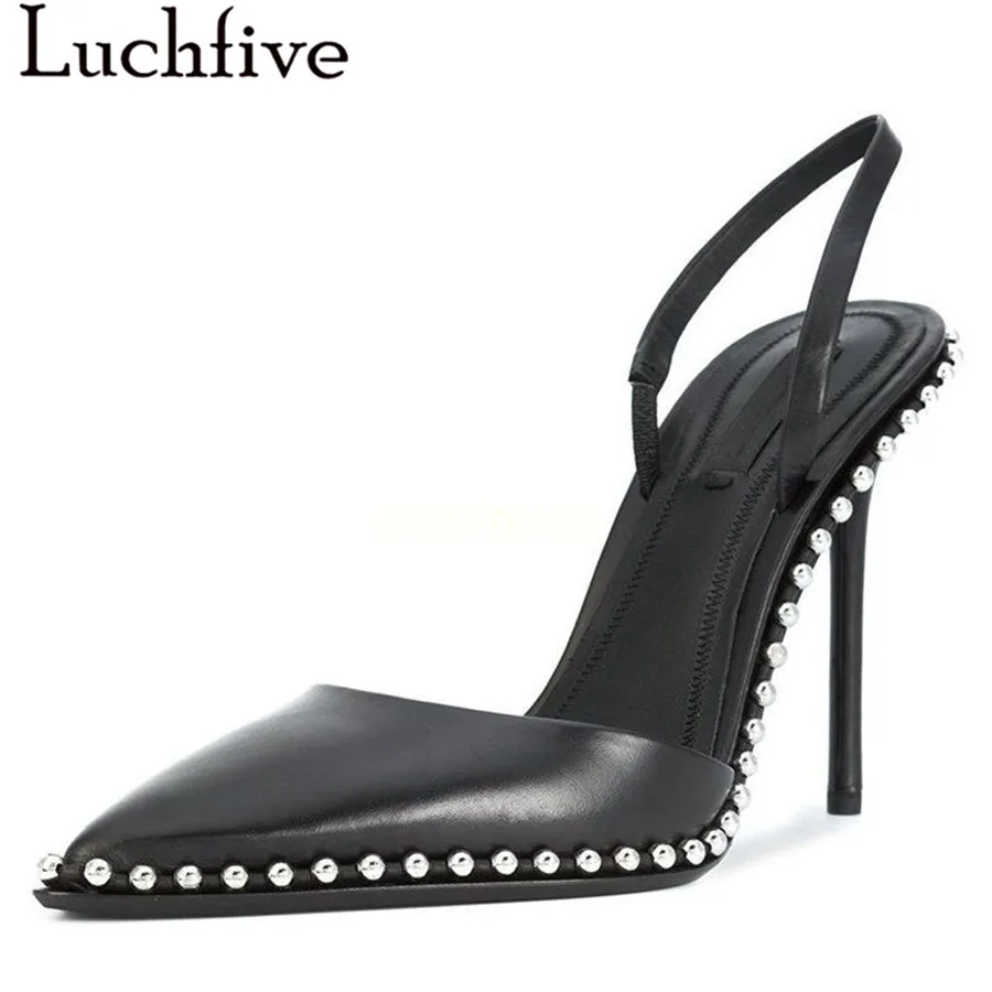 

Luchfive hot sell summer sandals women high heels back strap pointed toe metal beaded rivets decor pumps dress shoes women