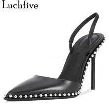 Luchfive hot sell summer sandals women high heels back strap pointed toe metal beaded rivets decor