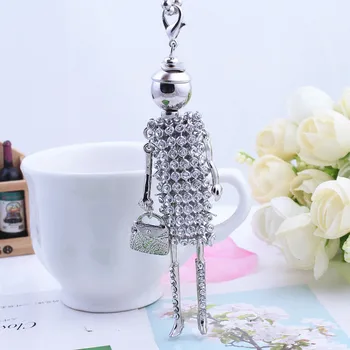 

2019 Fashion Long Girl Doll Pendant Necklace Charm Full Rhinestone Shiny Dress Doll Jewelry Necklace Women Pink/blue/Black/White