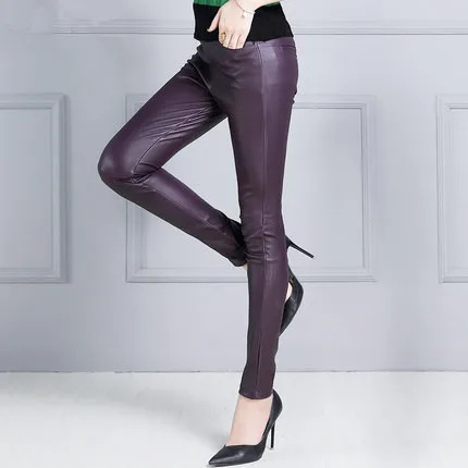 Женские тонкие брюки из натуральной овечьей кожи KP4 - Цвет: Purple