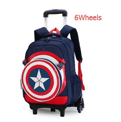 Новые начальные сумки-тележки для школы Капитан Америка Дети аниме рюкзак школьный ребенок с колесами сумки-тележки для школы для мальчиков - Цвет: Dark Blue Six wheels