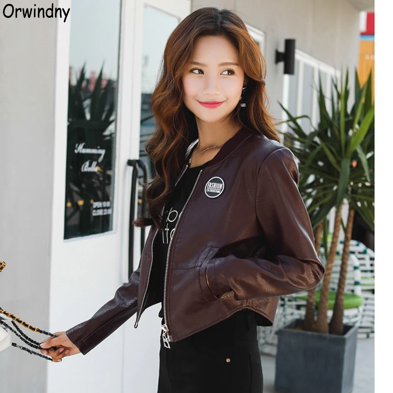 

Orwindny 2019 New Slim Spring Leather Jackets Women Casual Coat Baseball Uniform Jacket O-Neck Autumn Clothing Wine Red