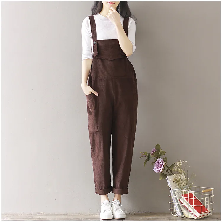 Women's Jumpsuit Belt Pants Pocket black Spring New Corduroy Trousers Carts Loose Size See And Literary College Large Casual Windy gray f6654