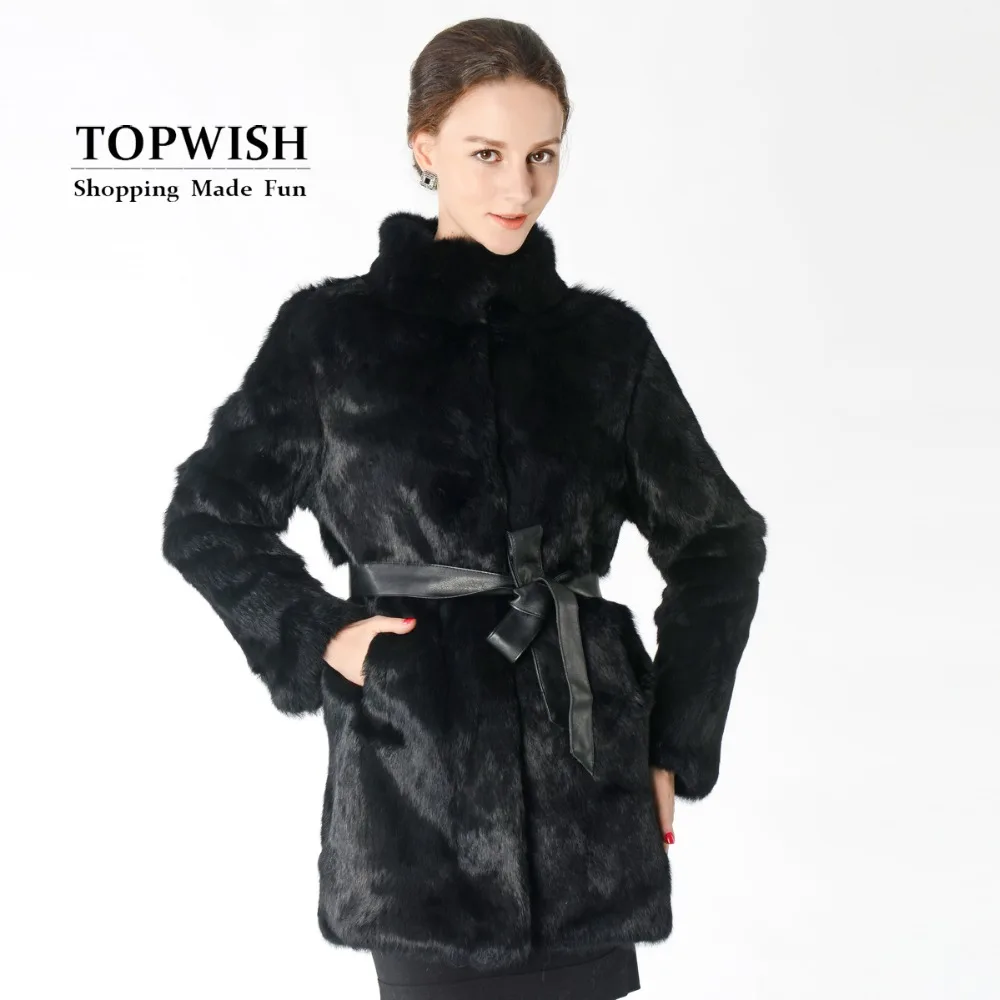 Женская Новая мода настоящая шуба из натурального кролика куртка Женская длинная Стильная верхняя одежда пальто зима TP147