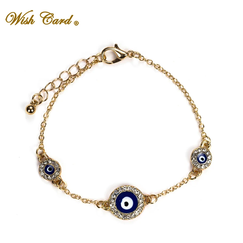 

Wish Card Blue Round Eye Charm Bracelet for Women Three Crystal Pendents with Gold Link Chain Bracelet Gift EY190