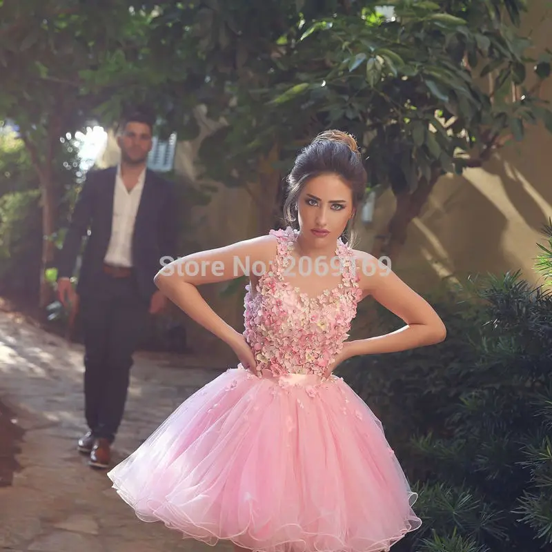 2017-New-Pink-Halter-Neck-Backless-3D-Flower-Cocktail-Dresses-Elegant-Backless-Short-Prom-Dresses-Tulle (1)