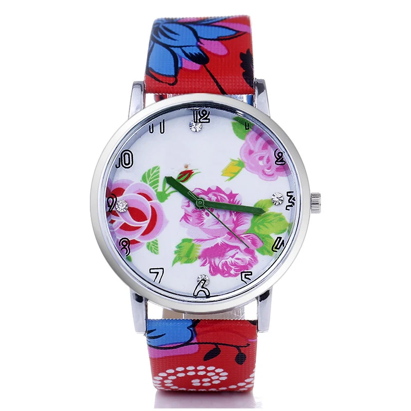 Women Bracelet Watches Flower Print Dial Ladies PU Leather Quartz Wrist Watch LL17in Women's