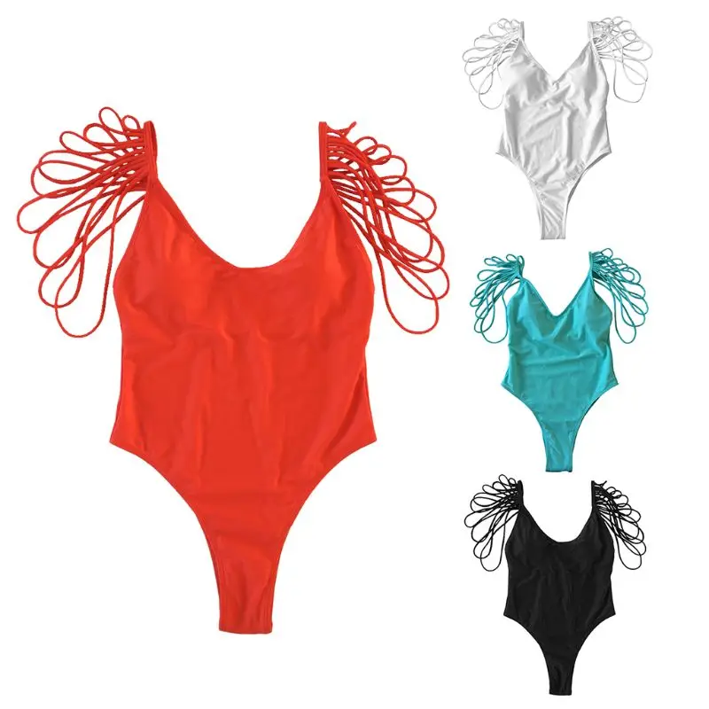 

Fashion Women Sexy One Piece Bikini Deep V-Neck Hollow Out Tassels Shoulder Solid Color High Cut Backless Swimsuit Bathing Suit
