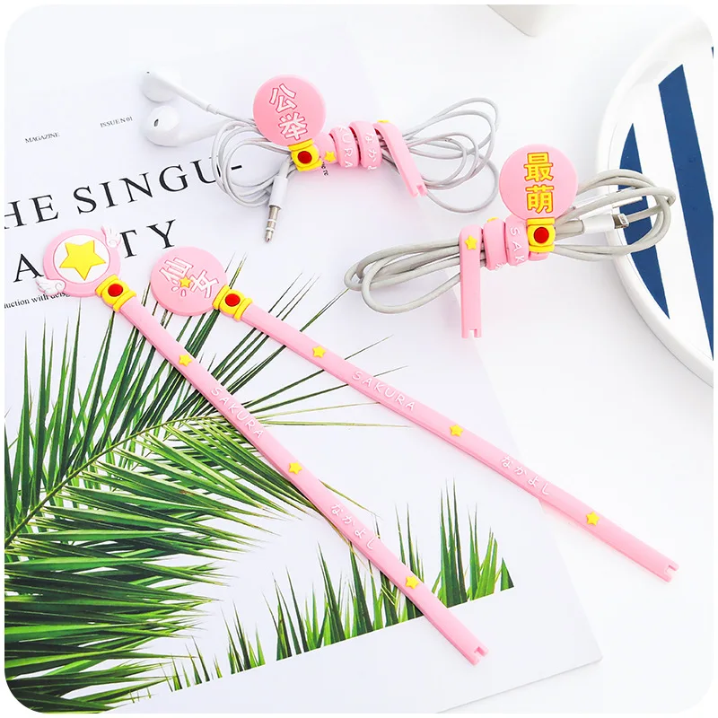 23cm Long Anime Action Figure Card Captor Sakure Printed Cartoon Magic Stick Winder Earphone USB Cable Line Protection Rope Pink | Игрушки и