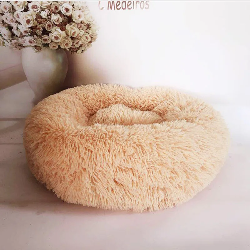Супер мягкая круглая кровать для собаки моющаяся теплая собачья Конура длинные плюшевые домашние хлопчатобумажные коврики диван для чихуахуа - Цвет: Apricot