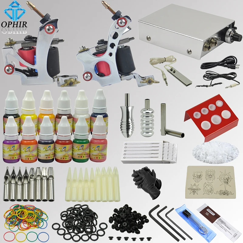 

OPHIR 2017 NEW Pro Tattoo Kit 2 Tatoo Gun Machine with Grip Needles 12x10ml Ink 346pcs _TA069