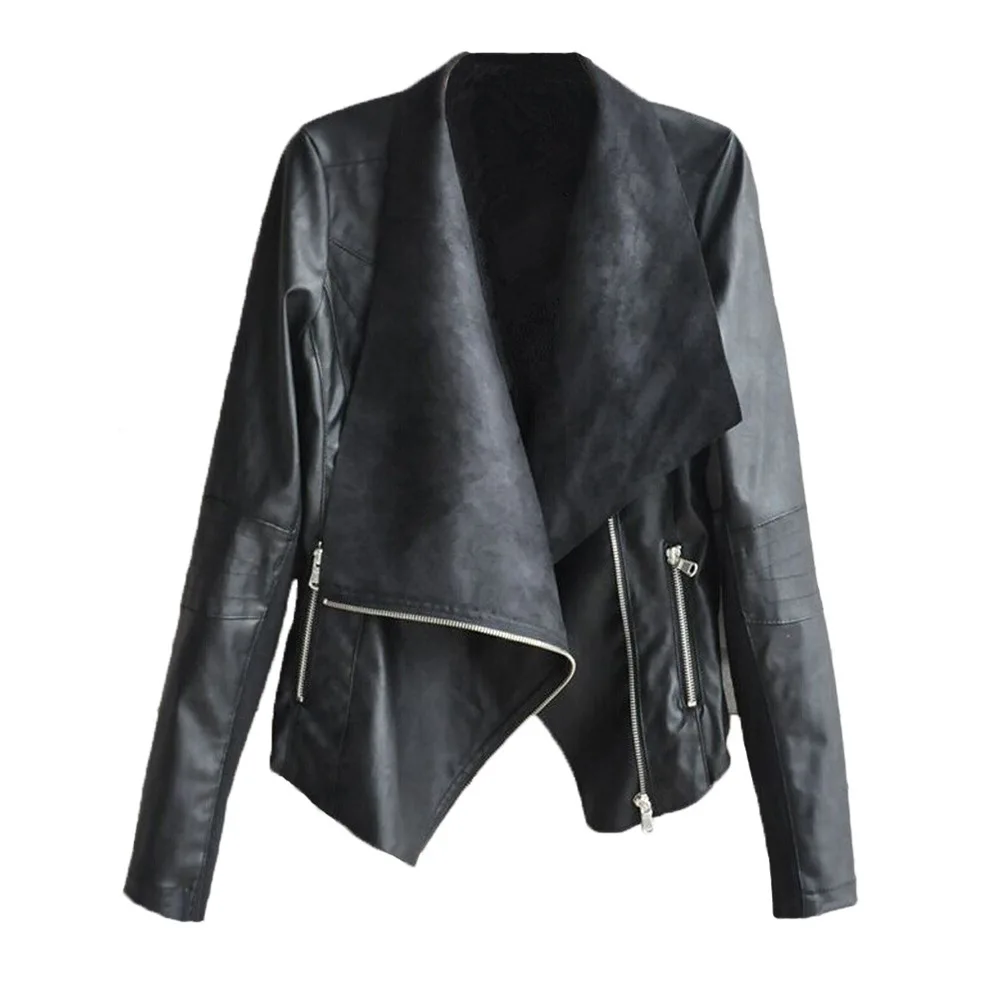 Autumn New Zipper Locomotive Irregular Large Lapel Long Sleeve Pu Black Leather Jacket Casual Faux Leather Jackets Women - Цвет: Черный