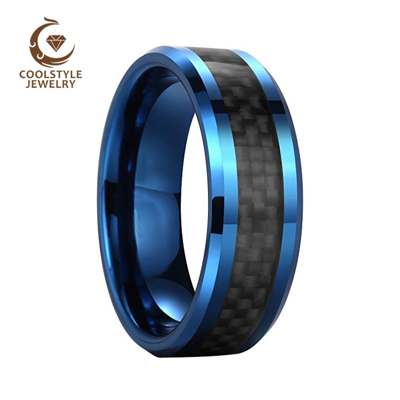 

GENTLEMAN 8mm Blue Tungsten Carbide Ring Black Carbon Fiber Wedding Band Beveled Edges Comfort Fit